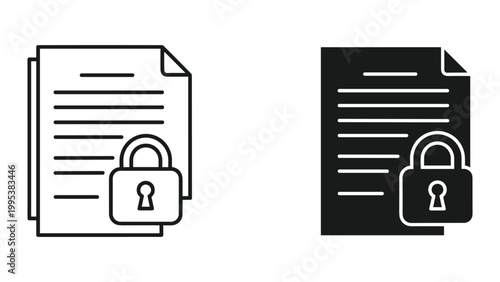 Black and white line icons of nondisclosure documents with padlocks on white background