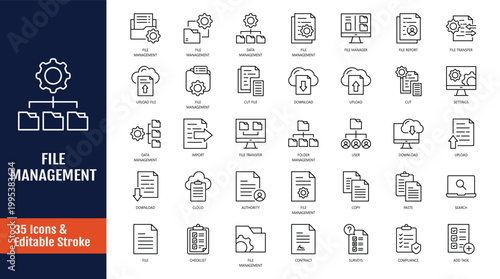 Document management icon set. Icons related to Document, management, organization, folder, archive, storage, and more. Outline icon with Editable stroke. Vector illustration