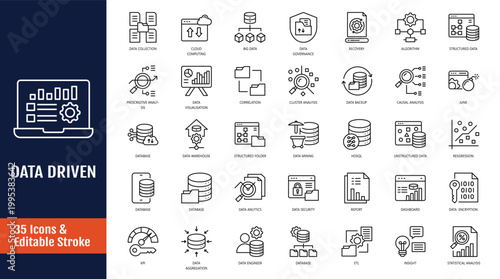 Data Driven icon set. Icons related to algorithm, big data, analysis, analytics, data mining, machine learning, ai, visualization, database, predictive, and more. Outline icon with Editable stroke