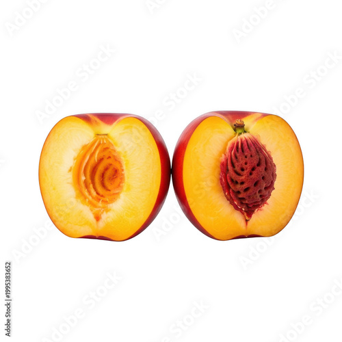 A cut peach on transparent background showing its pit and flesh