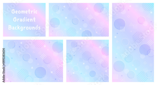 グラデーションが綺麗な幾何学図形の背景セット。パープルピンクのドット・ストライプパターン