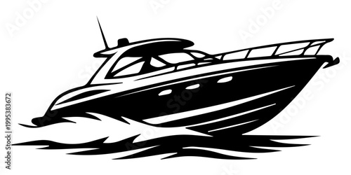 Tableau sur toile Dynamic Luxury Motor Yacht Speeding Through Waves - Monochrome Vector Silhouette