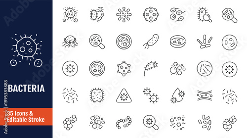 Bacteria icon set. Icon related to Bacteria, Microbe, Virus, Colony of Bacteria, Petri Dish and more. Outline icon with Editable stroke. Vector illustration