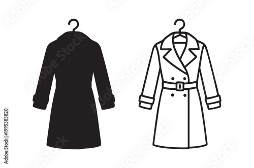 Two coat outlines a solid black silhouette and a white line drawing