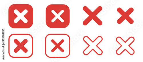 Red wrong X mark icon set vector, error cross symbols for cancel delete failed and incorrect status interface design elements