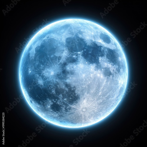 Luminous blue moon, glowing corona on black background