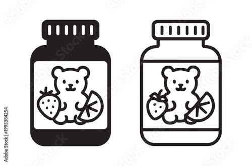 Two black and white illustrations of jars containing gummy bears with fruit