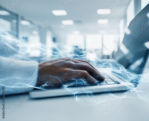 Hands typing on laptop, energy flowing