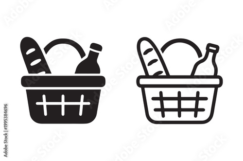 Two black and white picnic basket icons with food and drinks
