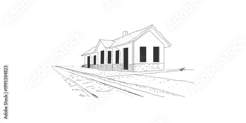 A black and white sketch depicts a classic Thai-style house, raised on stilts, with a steeply pitched roof and minimal detailing. The artwork evokes a sense of serenity.