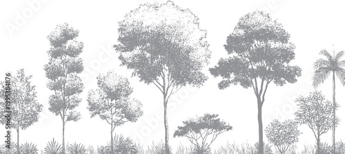 Retro trees design with rough grunge surface effect Classic woodland illustration with aged textured background