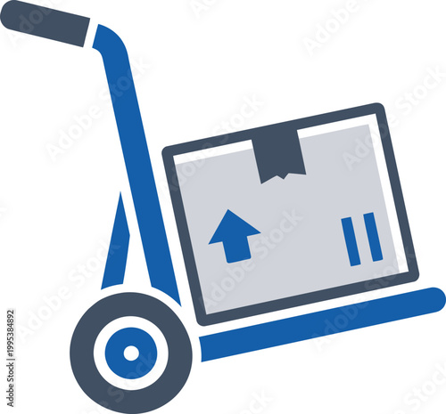 Blue dolly with gray box on white background for moving