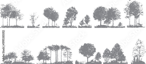 Old school forest graphic with stipple dot shading Retro woods background with grunge photocopy style