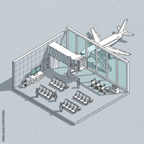 Isometric airport terminal with airplane and seating area.
