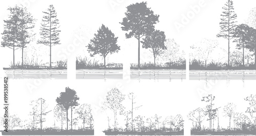 Grunge forest illustration with rough halftone texture Urban brutalist trees design with vintage distortion