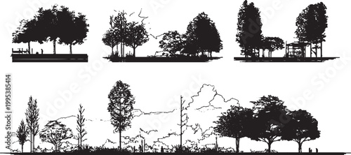 Grunge forest illustration with rough halftone texture Urban brutalist trees design with vintage distortion