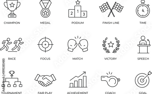 Minimal Competition Icons Set - Clean Line Sports and Achievement Vector 15 Icons Grid