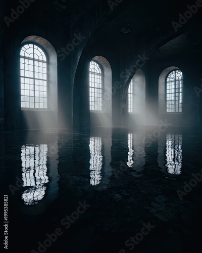 Arched windows illuminate flooded, dark hall with reflections