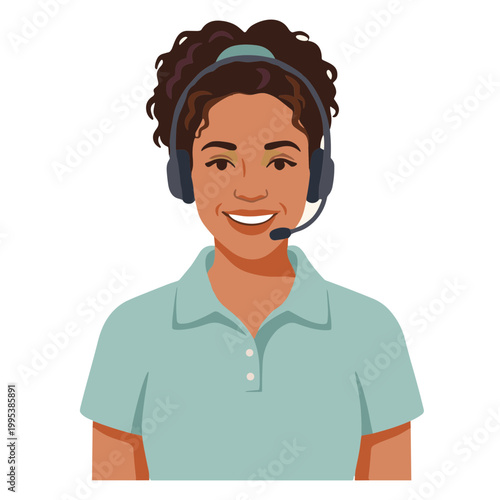 Illustration shows a smiling woman wearing a headset and a green polo shirt