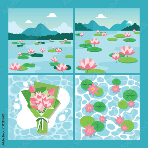 lotus pond landscape illustration collection set