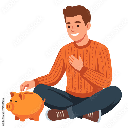 Man sitting cross-legged smiling while inserting coin into piggy bank