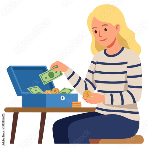 Woman sitting indoors holding coins and bills from an open blue box on a table.
