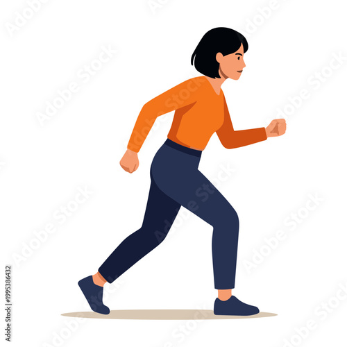A woman wearing an orange shirt runs quickly on a surface.