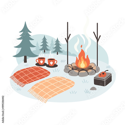 Cozy Winter Campfire with Blankets and Drinks Vector Illustration