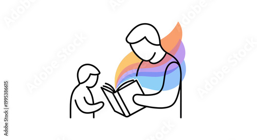 Line art illustration of a parent reading a colorful storybook to a child fostering imagination