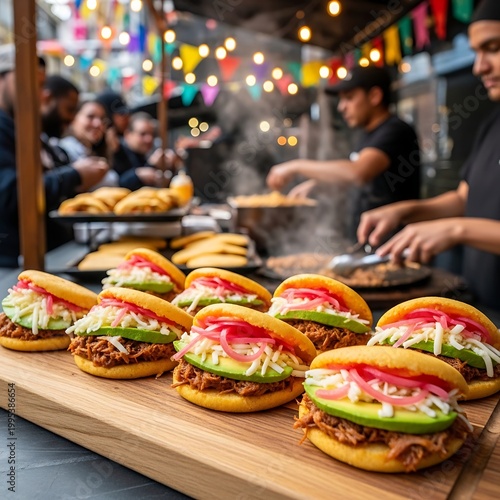 Freshly prepared arepas with pulled pork avocado and salad at a street food market.