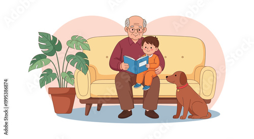 Adorable vector illustration of a grandfather reading a book to his grandson on the sofa with a dog nearby
