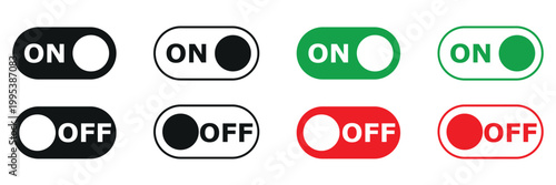 Modern on off toggle switch icons in black green and red for digital user interface