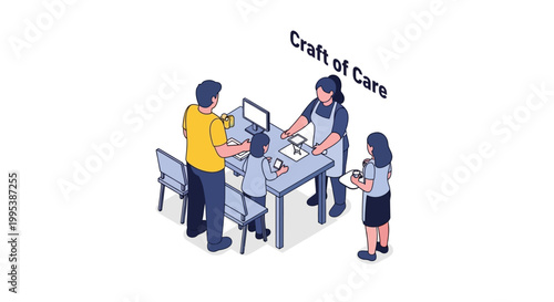 Isometric Illustration of Healthcare Professionals Interacting with Patients at Reception.