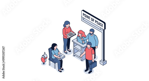 Isometric illustration of people interacting around a point of place sign.