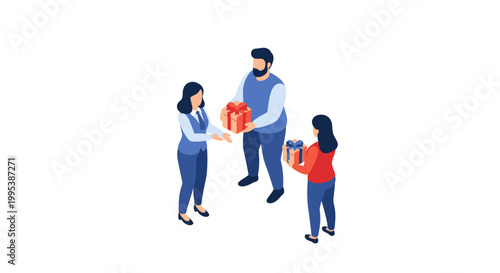 Isometric Illustration of People Exchanging Gifts for Celebration.