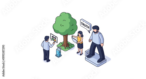 Isometric illustration of people discussing truth and information with a tree.