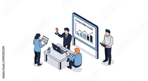 Isometric illustration of business team analyzing corporate audit data.
