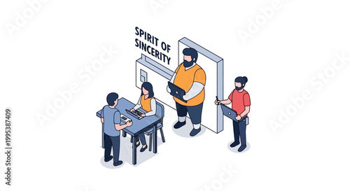 Isometric illustration of people in a business meeting discussing sincerity.