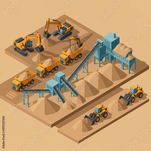 Isometric illustration of a quarry site with heavy machinery and conveyor belts.