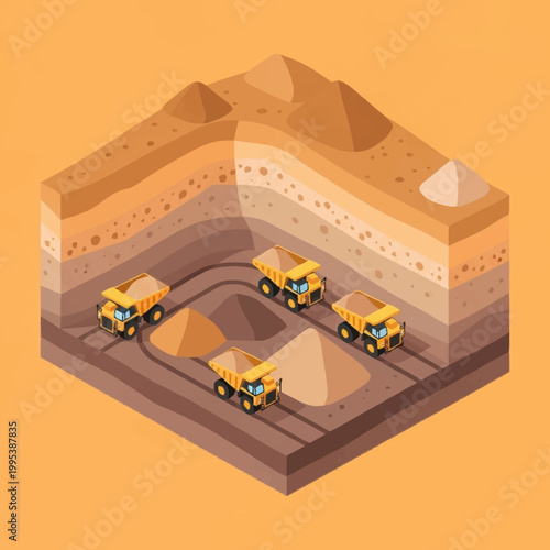 Isometric illustration of mining trucks operating in a quarry with layered earth.