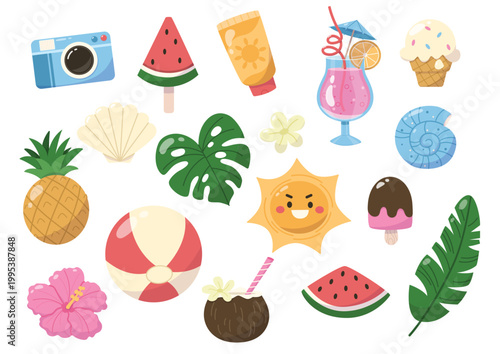 A set of summer tropical beach icons. Vacation beach objects. Cute symbols of rest and relaxation.