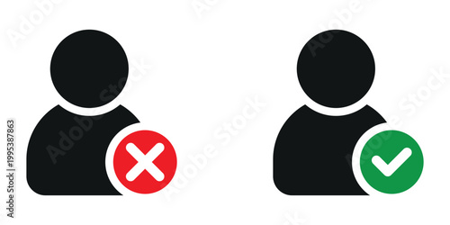 User profile icons featuring red cross mark and green check mark symbol for approval denial or add remove concepts