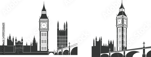 London skyline silhouette with Big Ben and Westminster Bridge in detailed architectural city illustration