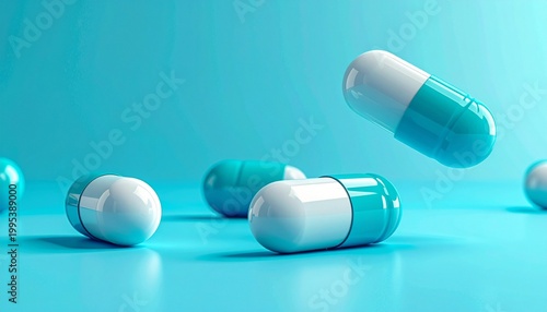 Turquoise and white capsules on blue surface with suspended pill
