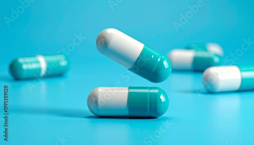 Turquoise and white capsules on blue surface with suspended pill
