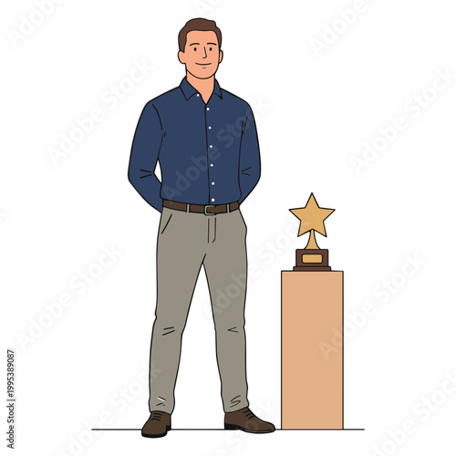 A man proudly stands beside a trophy on a pedestal indoors.