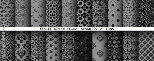 Flower pattern. Seamless gray and black ornament. Graphic vector background