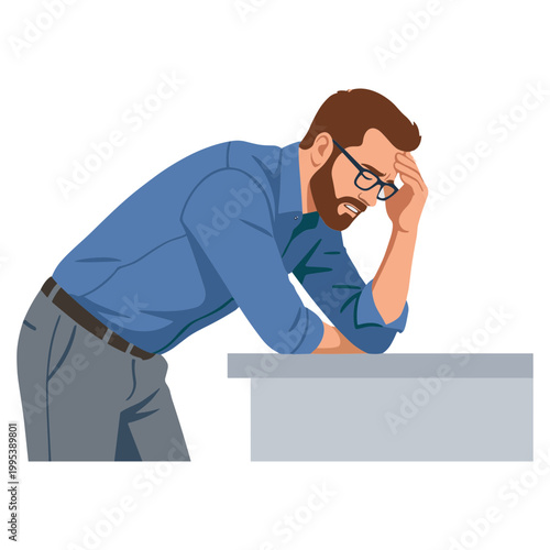 A frustrated man with glasses leans on a desk looking stressed