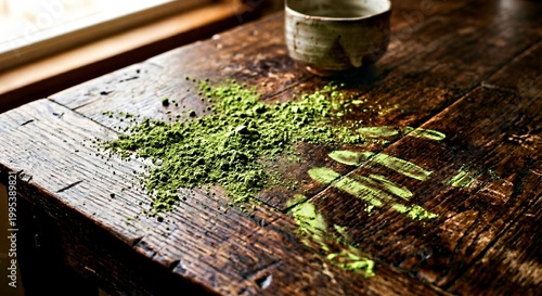 Matcha green tea powder spilled on dark wooden table with ceramic cup
