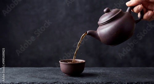 Traditional clay teapot pouring hot tea into a cup closeup